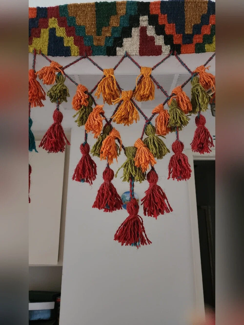 Vintage Persian Qashqai Tribal Tassel Door Hanging – 100% Wool Handwoven Kilim